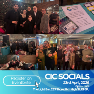 CIC socials event flyer with event details and photos of attendees from previous event